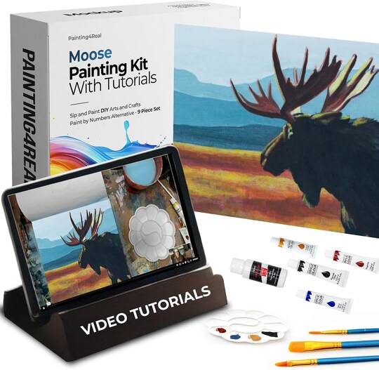 Painting4Real; Mighty Moose of Alaska Paint by Video Class Kit for Adults with Video Tutorials, Learn to Paint Moose, How to Paint with Acrylic Paint Sets for Adult, 9 Peices Art & Painting Supplies Gifts for Mom; Category:Canvas Painting Kits; Image:1